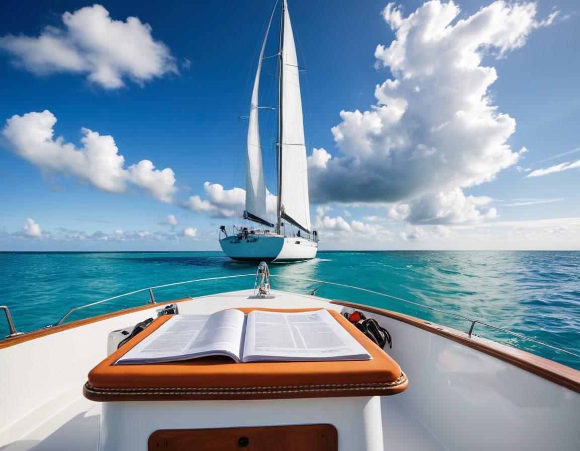 A serene scene of a luxurious yacht gliding smoothly over crystal-clear waters, surrounded by a tranquil coastline. Include a close-up of contract documents symbolizing liability and comprehensive coverage, alongside sailing gear like life jackets and navigational tools. The sky is bright blue with fluffy white clouds, enhancing the feeling of calmness and security. Evoke a sense of adventure and safety in sailing. super-realistic. vibrant colors. white background.