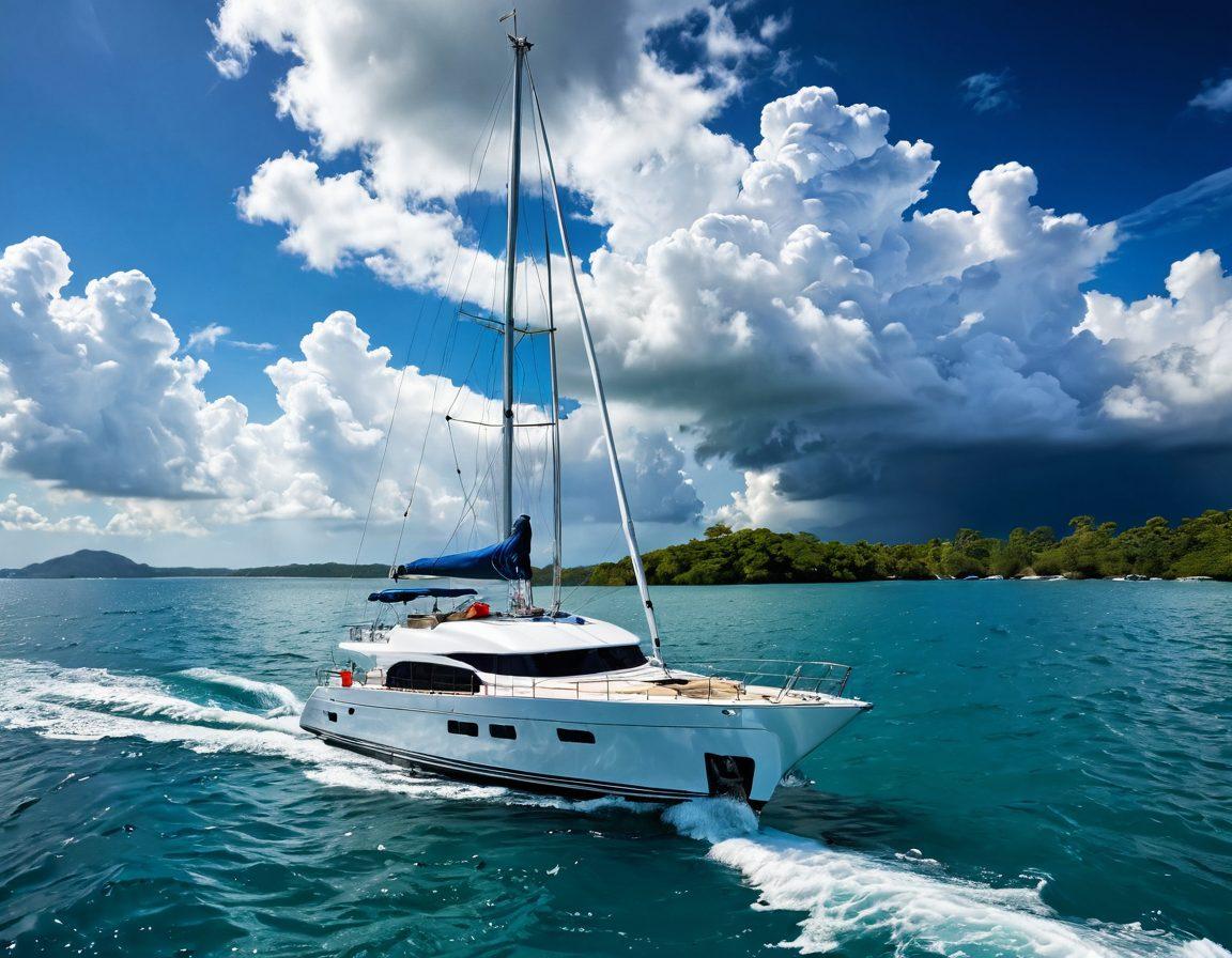 A serene yacht anchored in crystal-clear waters, surrounded by a mix of stormy clouds and bright sunshine, symbolizing risk and safety. Include marine navigation maps and safety equipment scattered on the deck, hinting at marine risk management. Show a professional figure reviewing yacht policies, dressed in nautical attire. The background should feature a distant island with lush greenery, representing adventure and investment. vibrant colors. super-realistic.